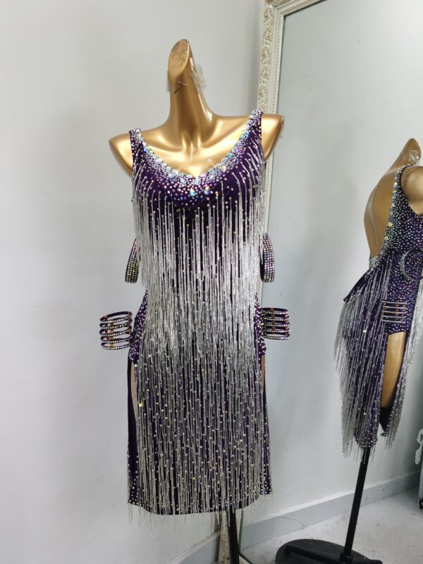 Dark purple Latin and Rhythm dance dress with crystals, beaded fringe and slits