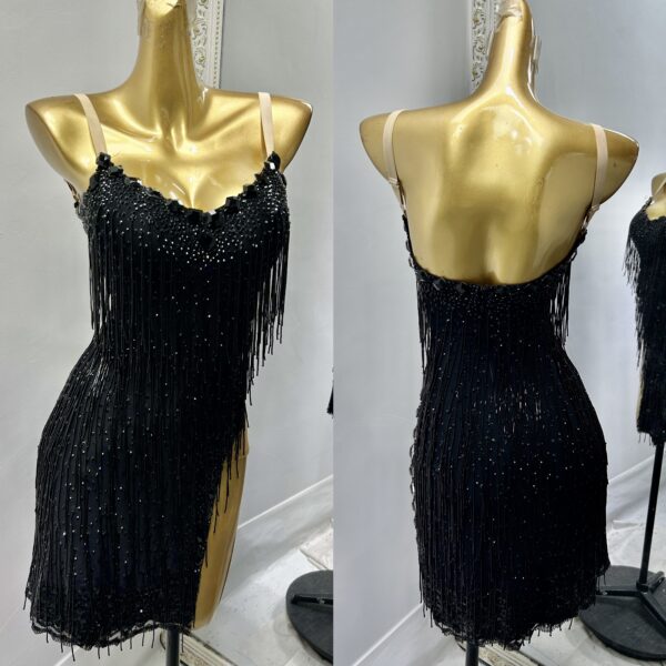 Black Latin and Rhythm dance dress with beaded fringe and slit - Image 3