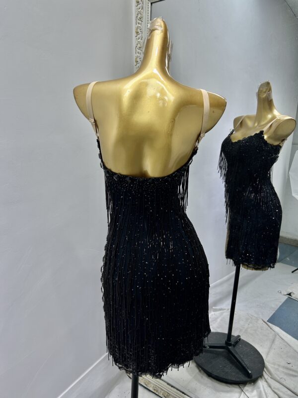 Black Latin and Rhythm dance dress with beaded fringe and slit - Image 2