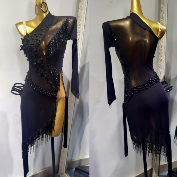 Black Latin and Rhythm dance dress with beaded fringe and slit - Image 3