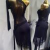 Black Latin and Rhythm dance dress with beaded fringe and slit - Image 2