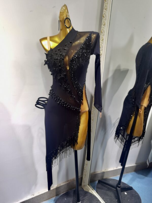 Black Latin and Rhythm dance dress with beaded fringe and slit