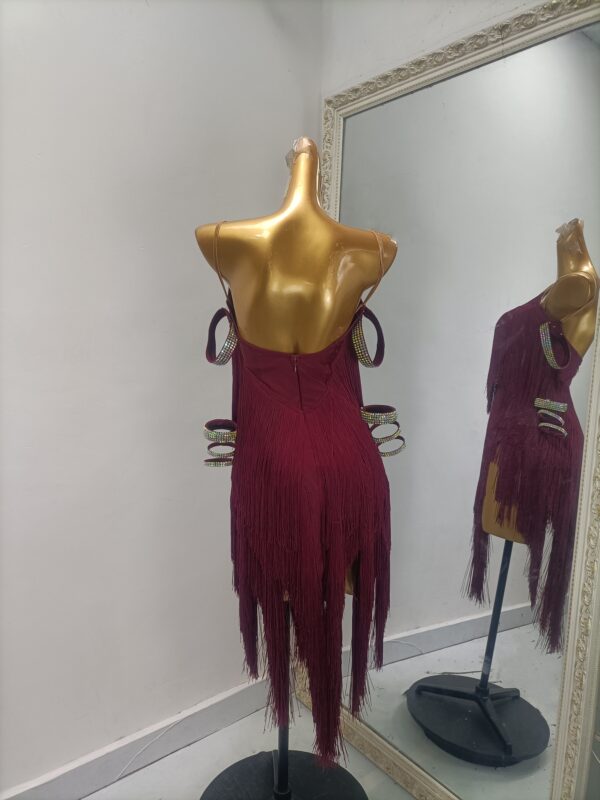 Burgundy Latin and Rhythm dance dress with fringe - Image 2