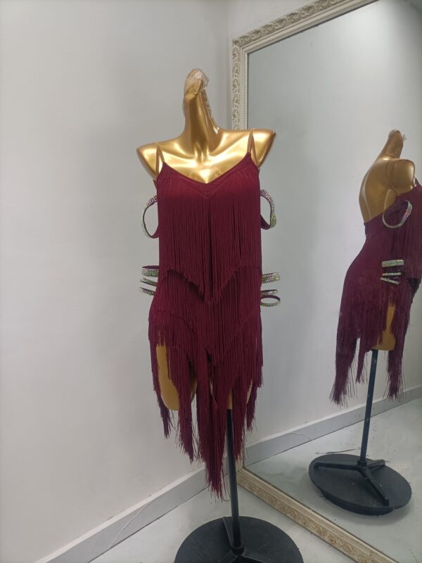 Burgundy Latin and Rhythm dance dress with fringe