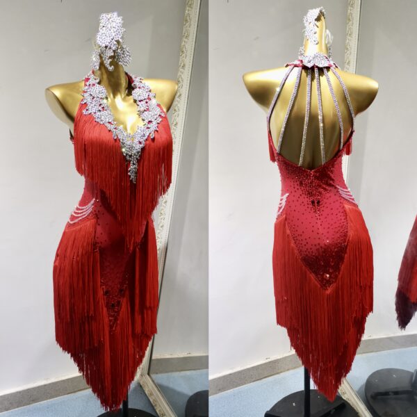Red Latin and Rhythm dance dress with fringe and appliques - Image 4
