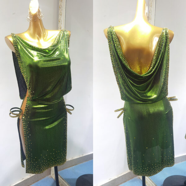 Shiny green Latin and Rhythm dance dress with slits - Image 3