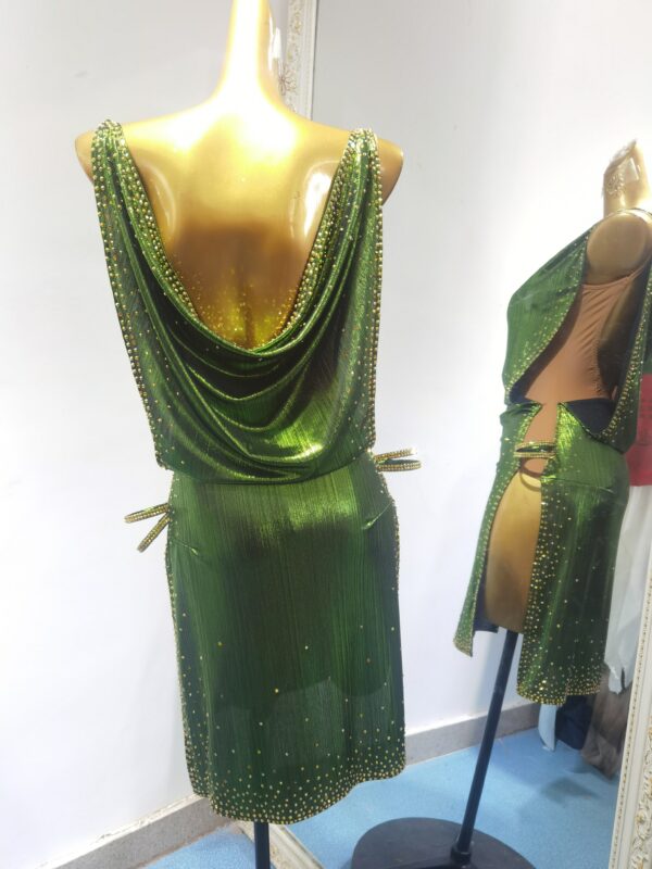 Shiny green Latin and Rhythm dance dress with slits - Image 2