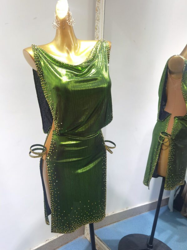 Shiny green Latin and Rhythm dance dress with slits