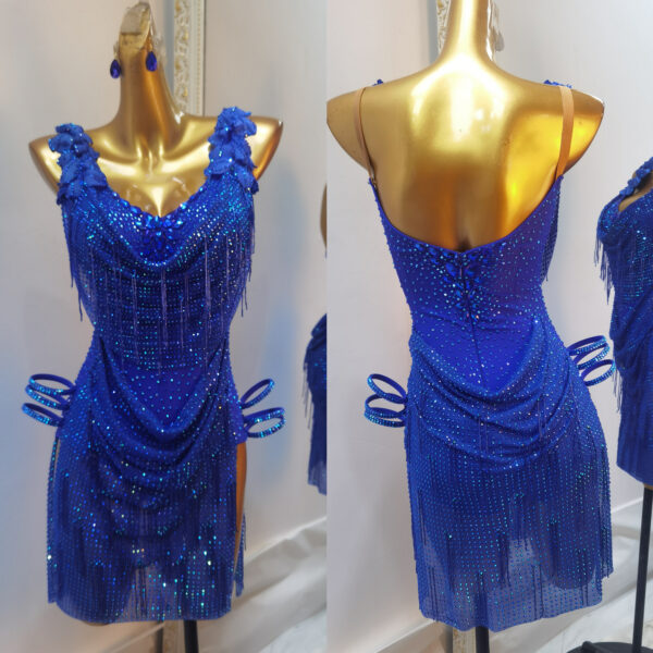 Blue Latin and Rhythm dance dress with sequins, slits, and crystals