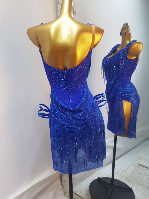 Blue Latin and Rhythm dance dress with sequins, slits, and crystals - Image 3