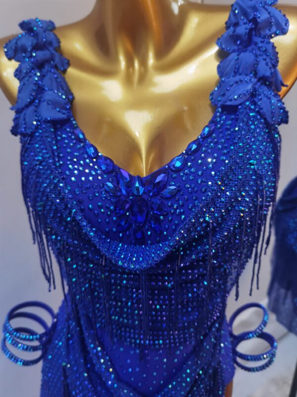 Blue Latin and Rhythm dance dress with sequins, slits, and crystals - Image 4