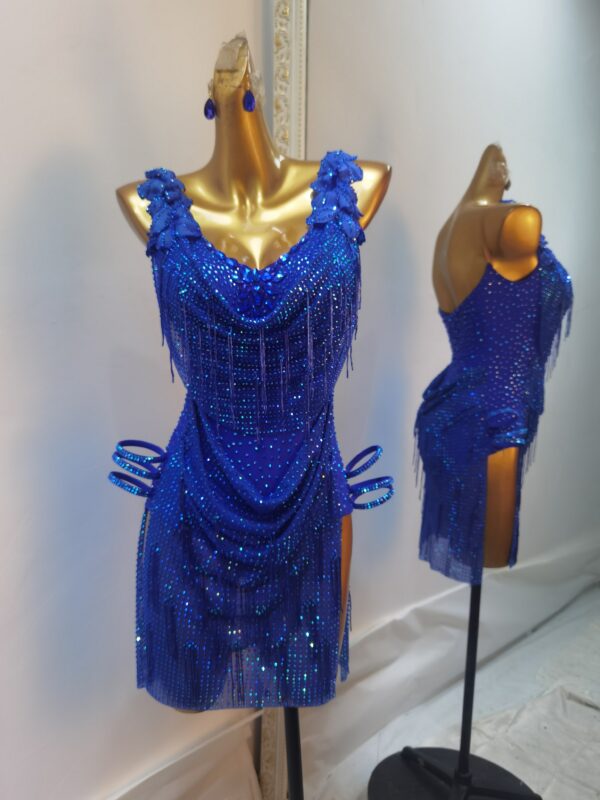 Blue Latin and Rhythm dance dress with sequins, slits, and crystals - Image 2