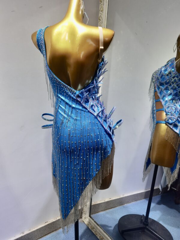 Blue Latin and Rhythm dance dress with beaded fringe and crystals - Image 2