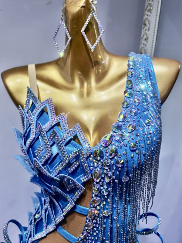 Blue Latin and Rhythm dance dress with beaded fringe and crystals - Image 3