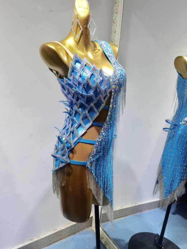 Blue Latin and Rhythm dance dress with beaded fringe and crystals - Image 4