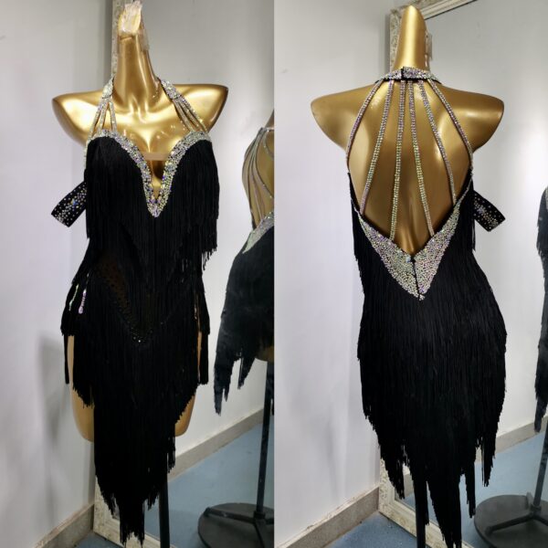 Black Latin and Rhythm dance dress with fringe - Image 3