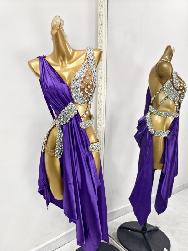Purple Latin and Rhythm dance dress with cut-out and crystals