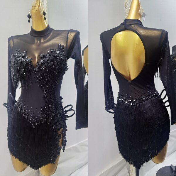 Black Latin and Rhythm dance dress with sequins and beaded fringe with a slit - Image 3