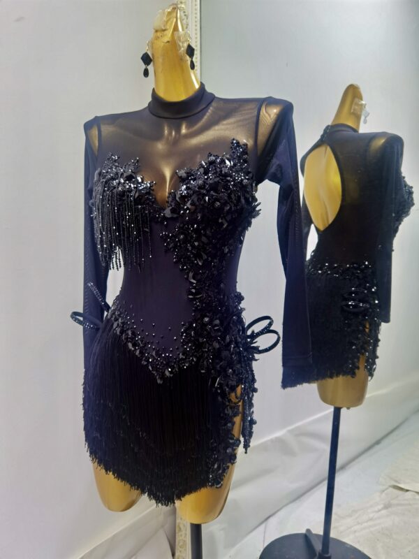 Black Latin and Rhythm dance dress with sequins and beaded fringe with a slit