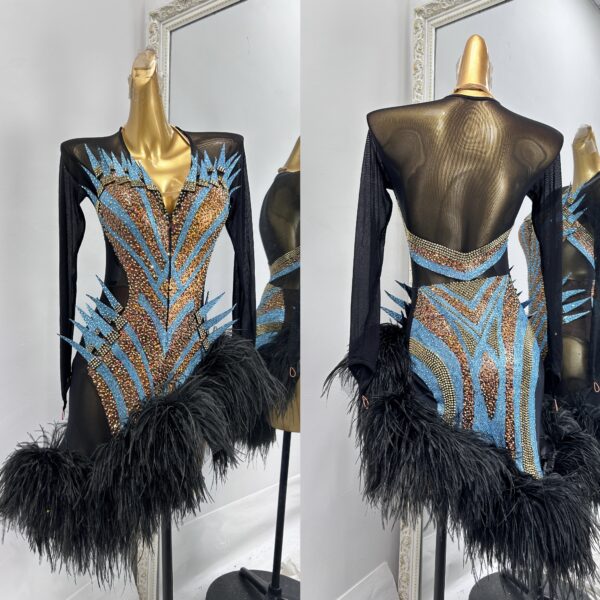 Black blue bronze Latin and Rhythm dance dress with feathers - Image 3