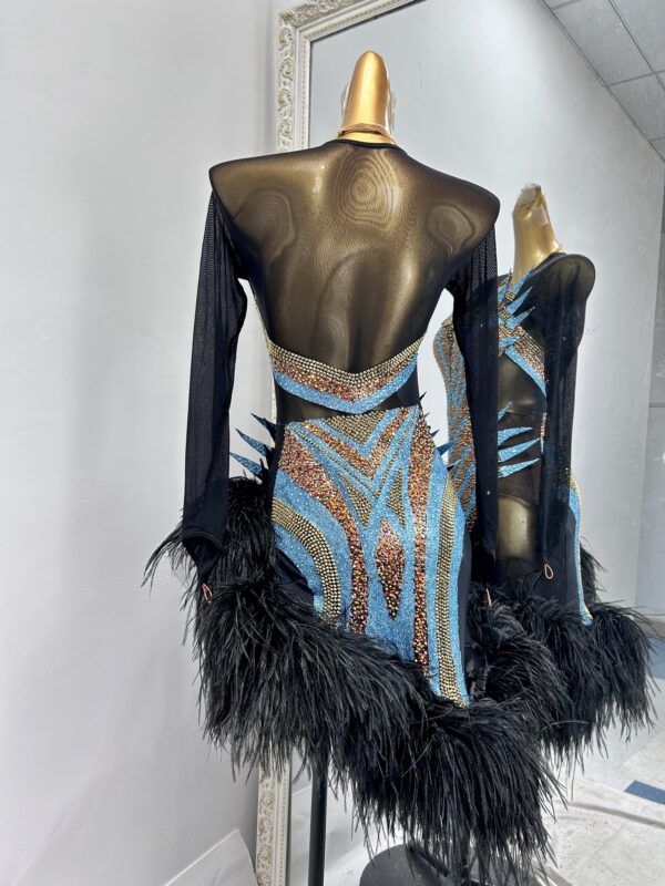 Black blue bronze Latin and Rhythm dance dress with feathers - Image 2