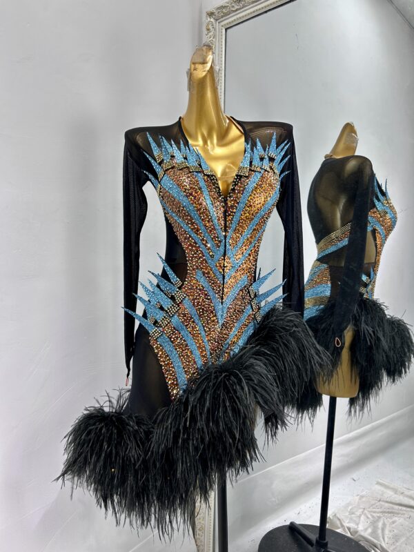 Black blue bronze Latin and Rhythm dance dress with feathers