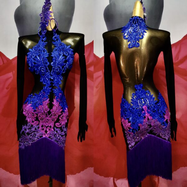 Black and blue and pink and purple Latin and Rhythm dance dress with appliques and crystals - Image 3