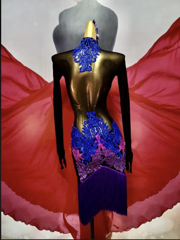 Black and blue and pink and purple Latin and Rhythm dance dress with appliques and crystals - Image 2