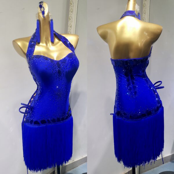 Blue Latin and Rhythm dance dress with fringe - Image 3