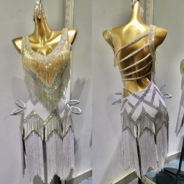 White Latin and Rhythm dance dress with silver and golden beaded fringe - Image 3