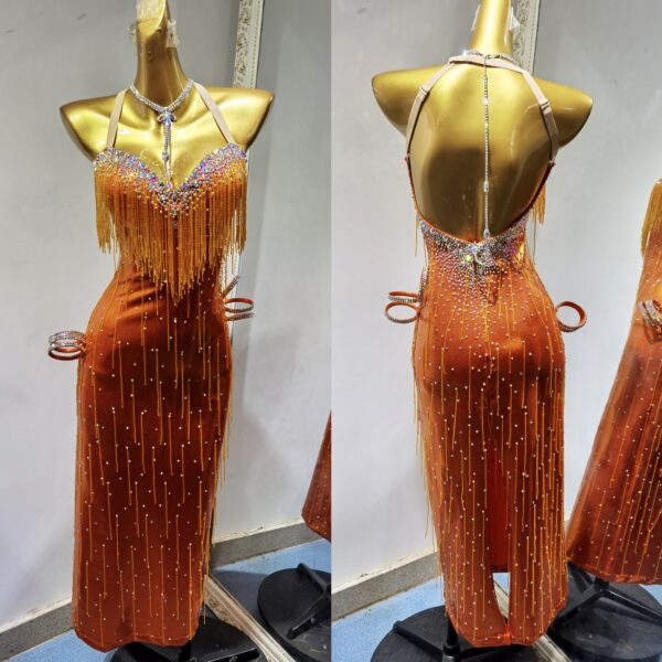 Orange Latin and Rhythm dance dress with beaded fringe, crystals and bracelets - Image 4