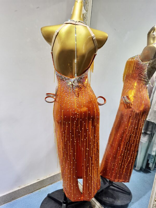 Orange Latin and Rhythm dance dress with beaded fringe, crystals and bracelets - Image 2