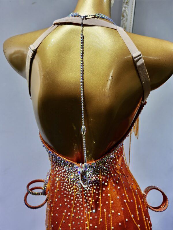 Orange Latin and Rhythm dance dress with beaded fringe, crystals and bracelets - Image 3