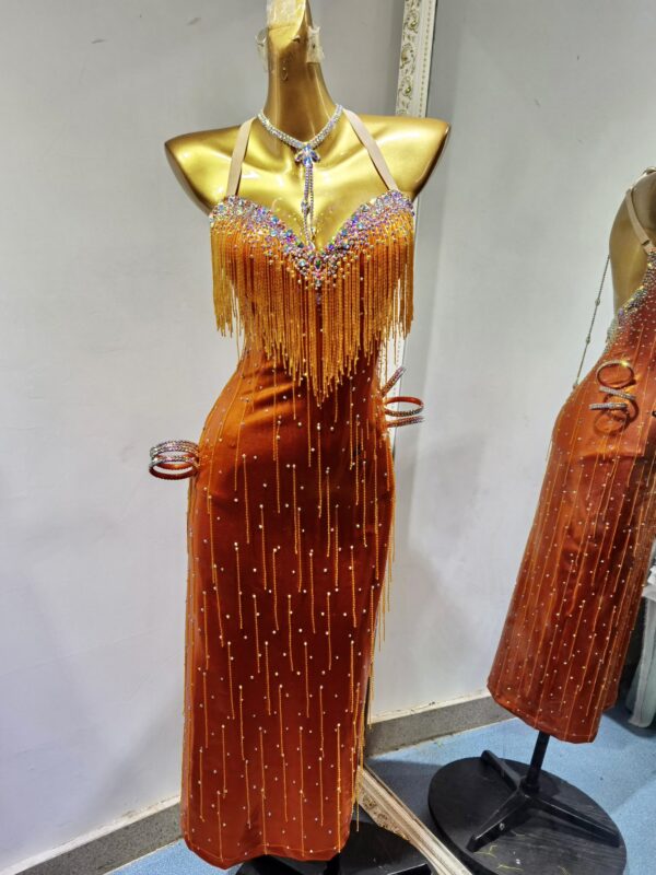 Orange Latin and Rhythm dance dress with beaded fringe, crystals and bracelets