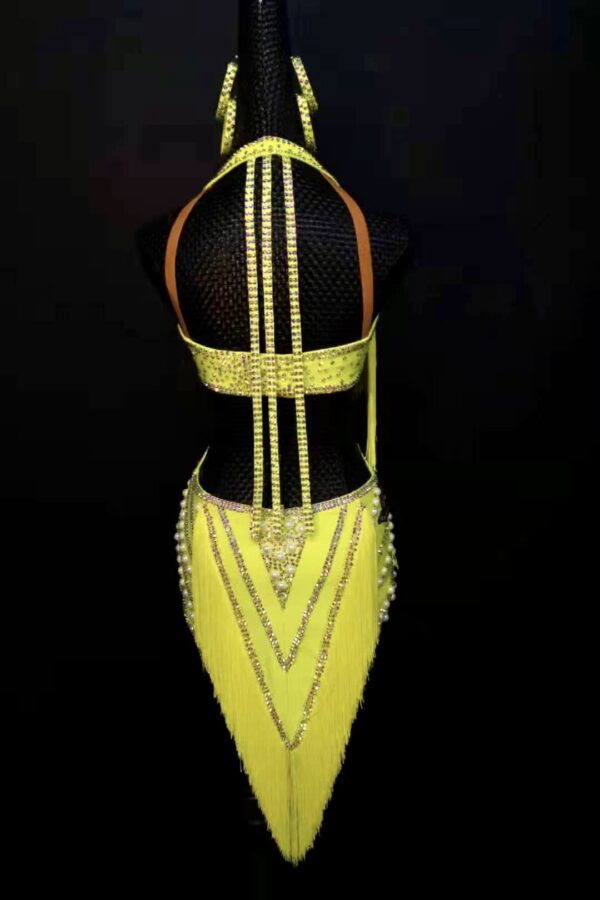 Yellow Latin and Rhythm dance dress with pearls, fringe, and crystals - Image 2