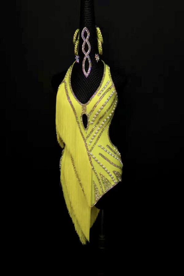 Yellow Latin and Rhythm dance dress with pearls, fringe, and crystals