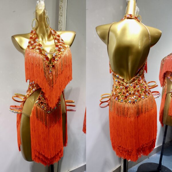 Bright orange Latin and Rhythm dance dress with open back, fringe and sew-on stones - Image 4