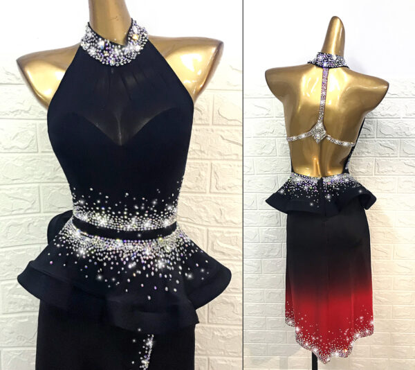 Ombre black and red Latin and Rhythm dance dress with crystals - Image 2