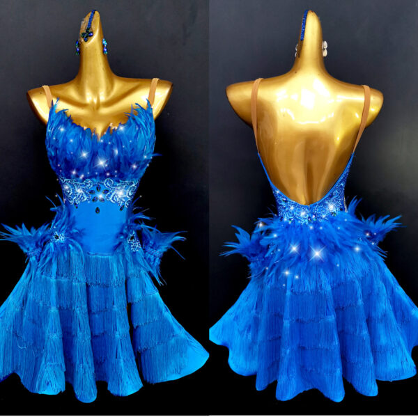 Blue Latin and Rhythm dance dress with feathers and crystals