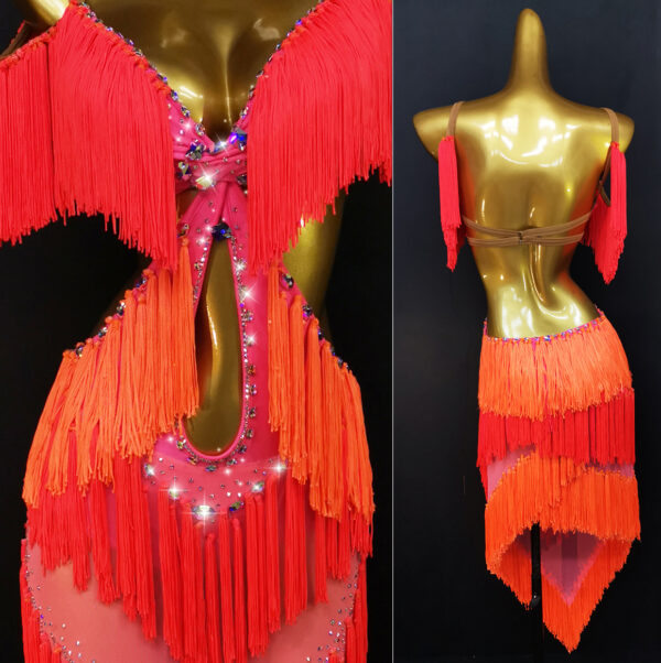 Red and orange Latin and Rhythm dance dress with fringe - Image 2