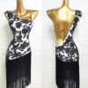 White Latin and rhythm dance dress with black lace and black fringe