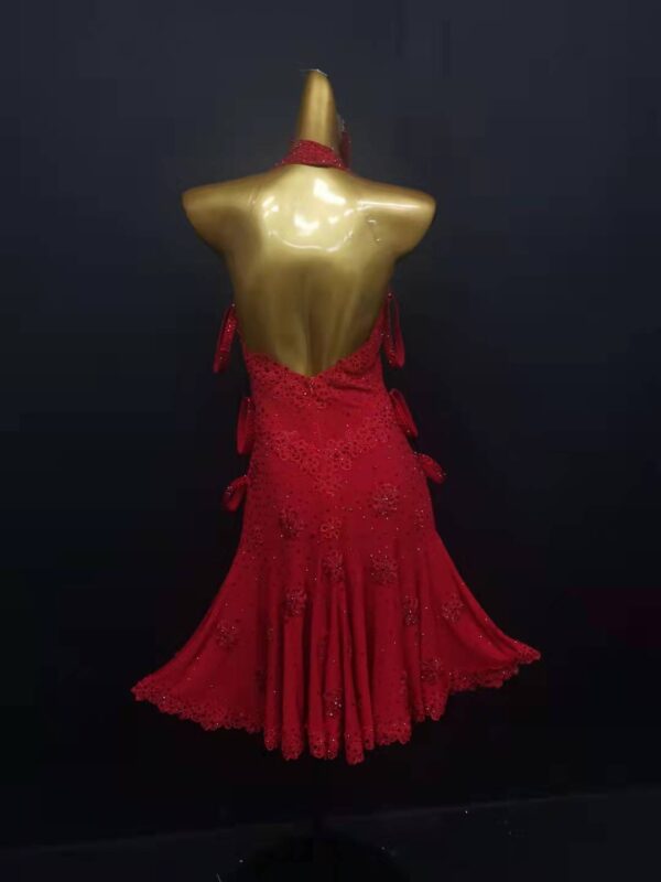 Red Latin and rhythm dance dress with red lace and slits - Image 2