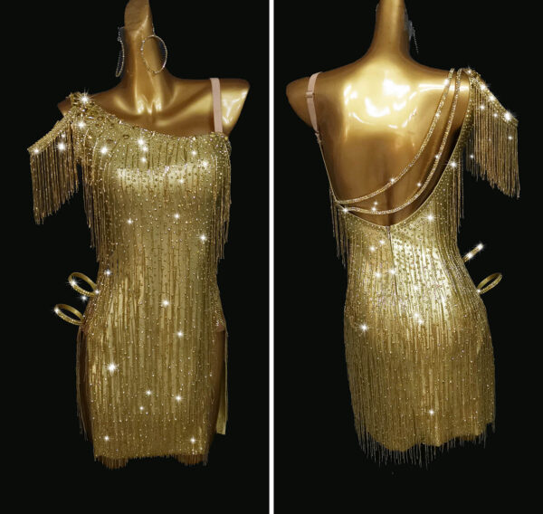 Gloden Latin and rhythm dance dress with beaded fringe