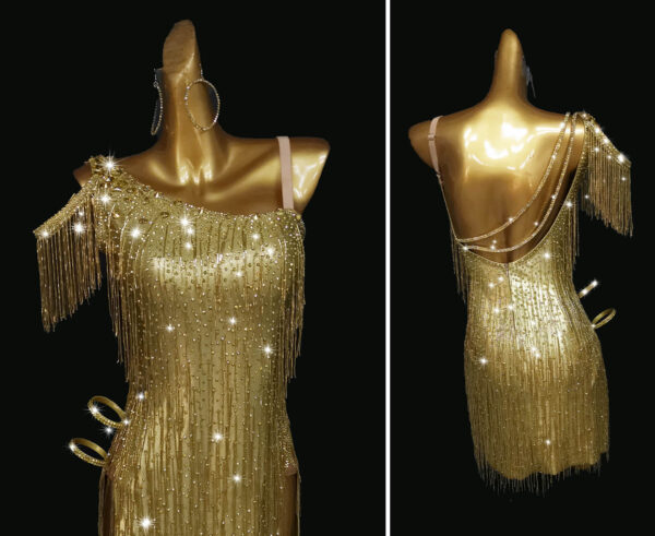 Gloden Latin and rhythm dance dress with beaded fringe - Image 2
