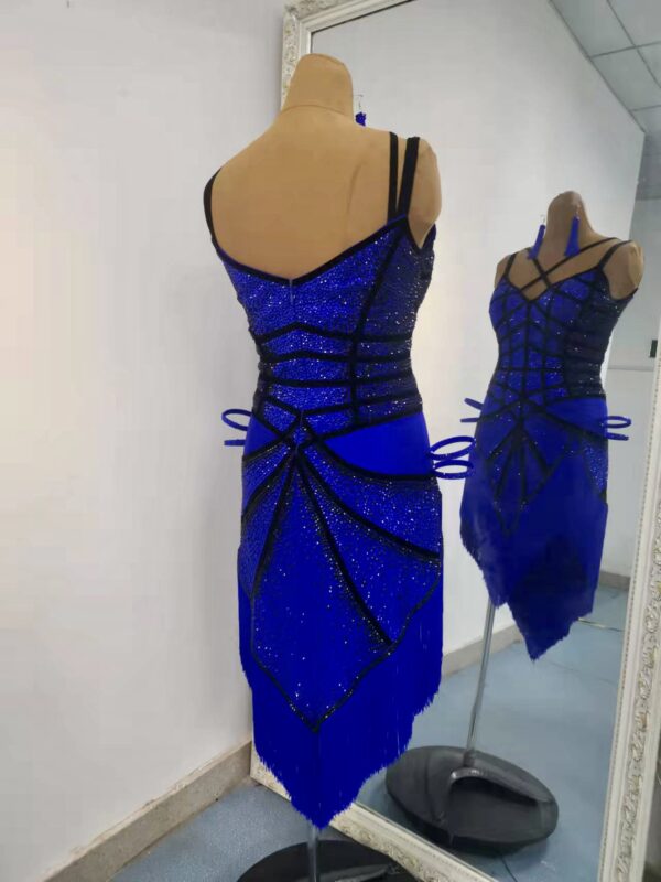 Blue Latin and Rhythm dance dress with black stripes and fringe - Image 2