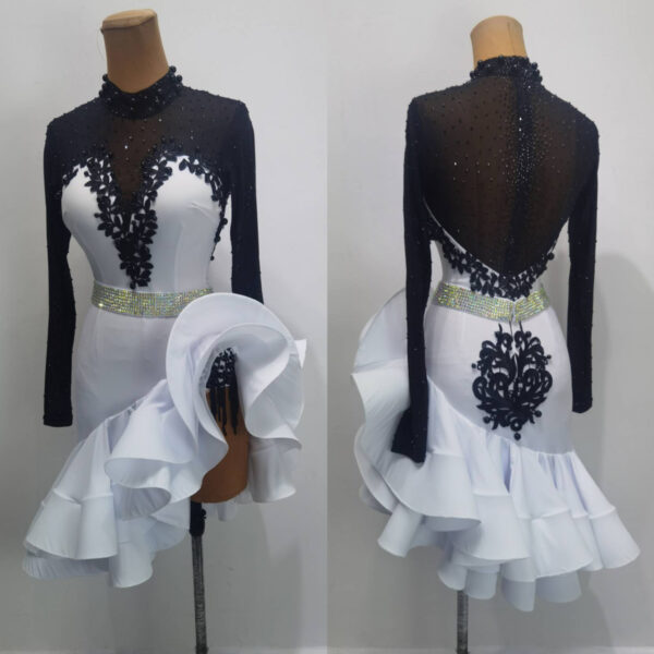 Black and white Latin and Rhythm dance dress with flared skirt and lace. - Image 3