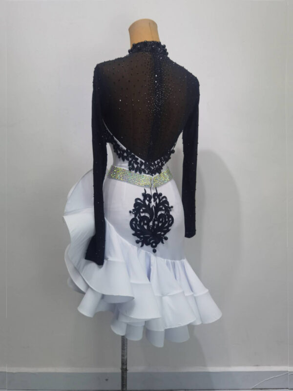 Black and white Latin and Rhythm dance dress with flared skirt and lace. - Image 2