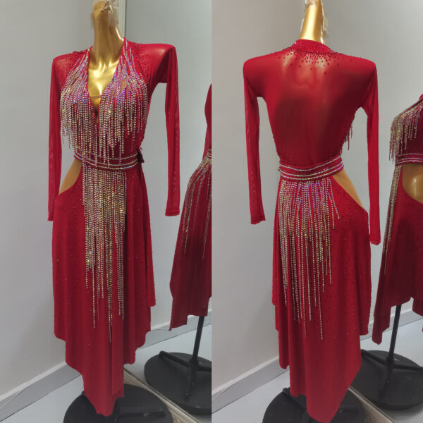 Red Latin and Rhythm dance dress with stoned fringe and crystals - Image 3
