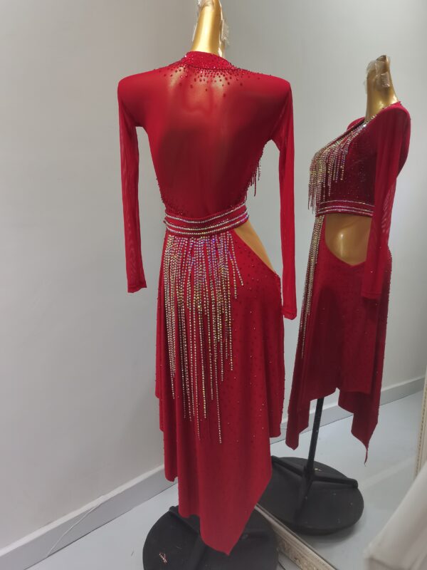Red Latin and Rhythm dance dress with stoned fringe and crystals - Image 2