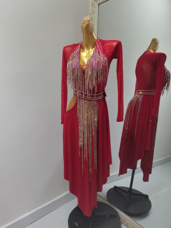 Red Latin and Rhythm dance dress with stoned fringe and crystals